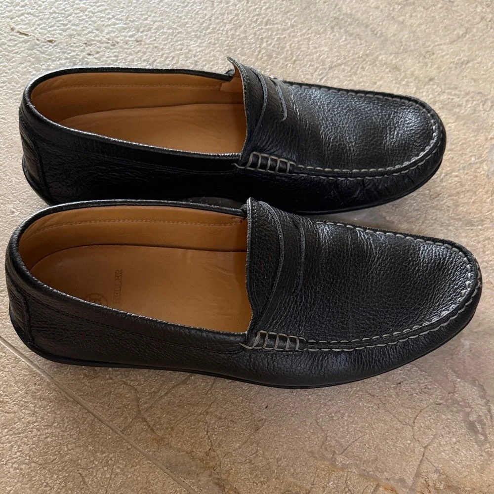 Austen Heller Black Pebble Leather Penny Loafers with Tan Insole